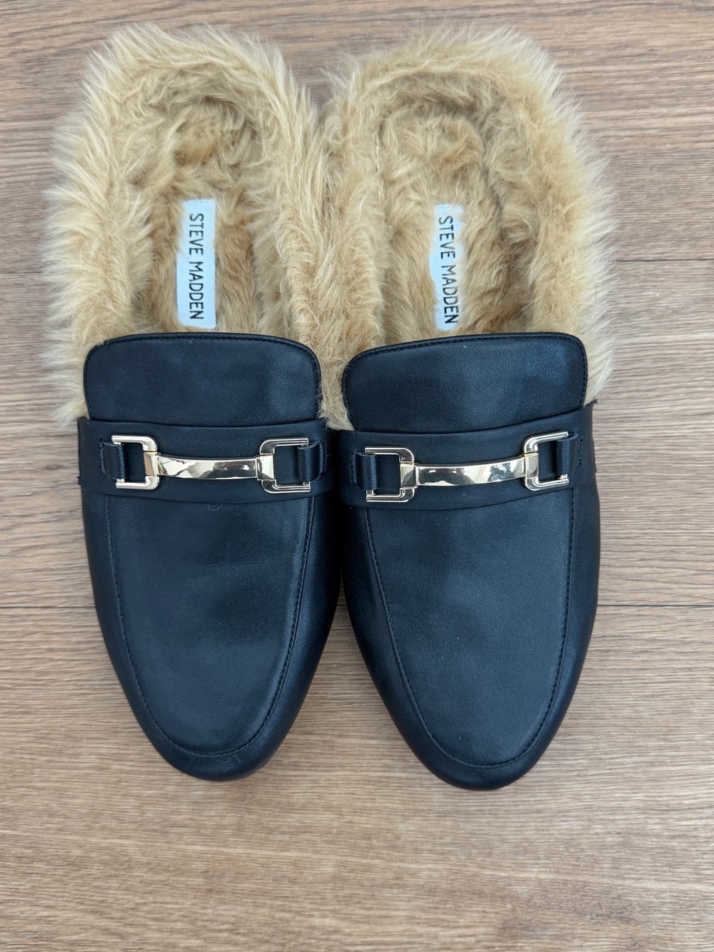 Steve Madden Black Faux-Fur Trim Gold-Bit Slip-On Loafers